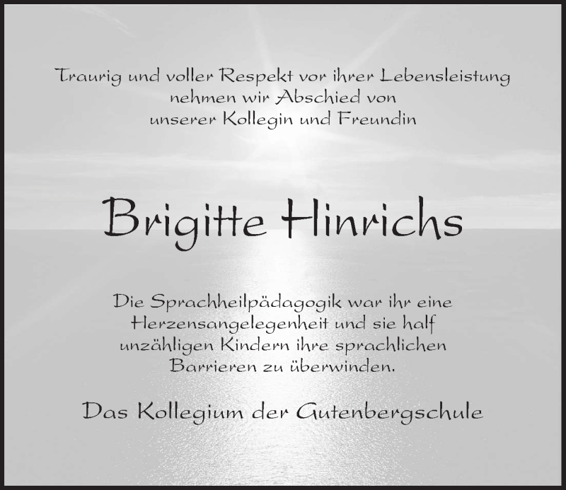  Traueranzeige für Brigitte Hinrichs vom 20.10.2018 aus Kieler Nachrichten