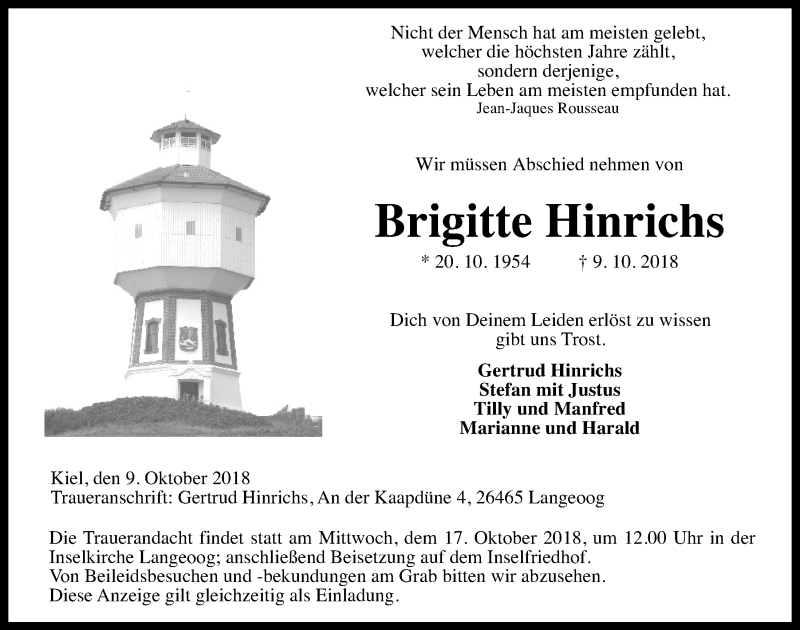  Traueranzeige für Brigitte Hinrichs vom 12.10.2018 aus Kieler Nachrichten
