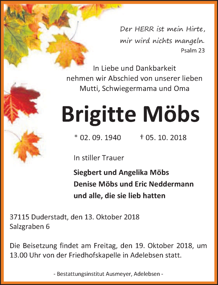  Traueranzeige für Brigitte Möbs vom 13.10.2018 aus Göttinger Tageblatt