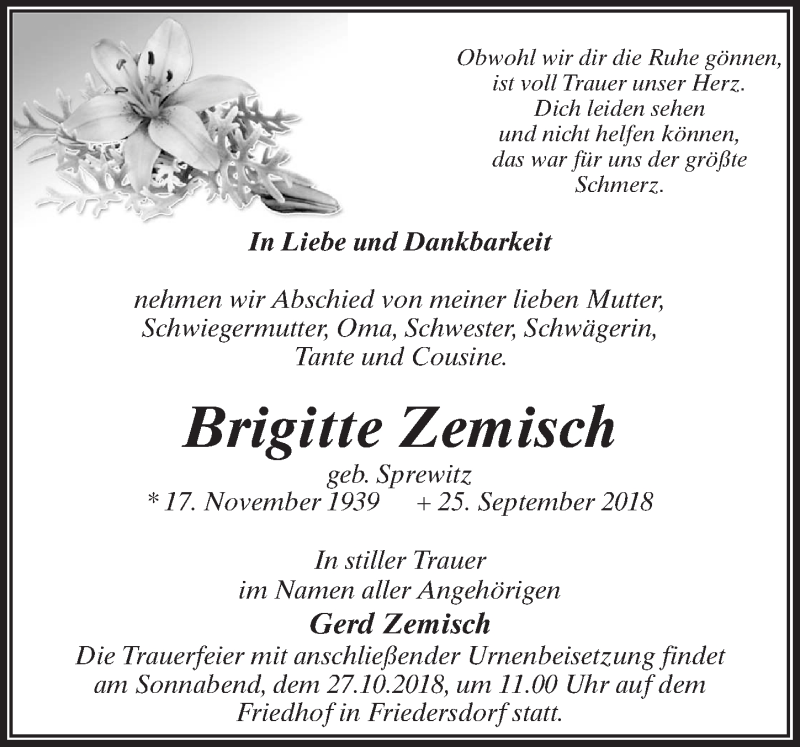  Traueranzeige für Brigitte Zemisch vom 13.10.2018 aus Märkischen Allgemeine Zeitung