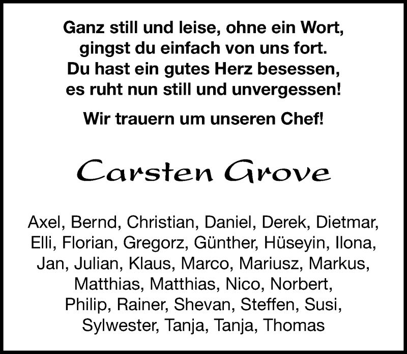  Traueranzeige für Carsten Grove vom 27.10.2018 aus Hannoversche Allgemeine Zeitung/Neue Presse