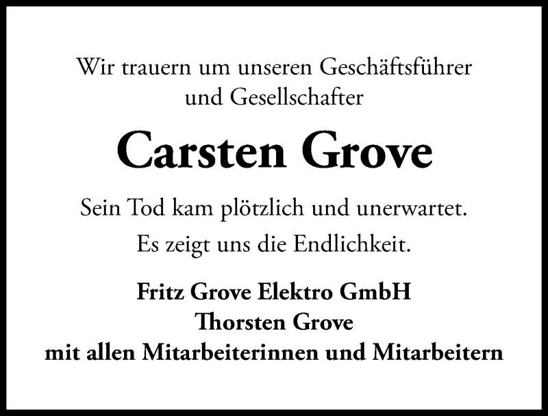  Traueranzeige für Carsten Grove vom 27.10.2018 aus Hannoversche Allgemeine Zeitung/Neue Presse