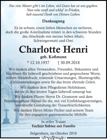 Traueranzeige von Charlotte Henri von Leipziger Volkszeitung