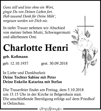 Traueranzeige von Charlotte Henri von Leipziger Volkszeitung