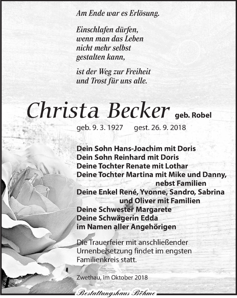 Traueranzeige für Christa Becker vom 06.10.2018 aus Torgauer Zeitung