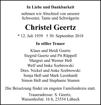 Traueranzeige von Christel Geertz von Lübecker Nachrichten