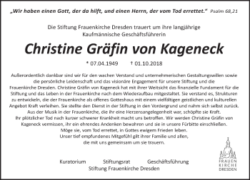 Traueranzeige von Christine Gräfin von Kageneck von Dresdner Neue Nachrichten