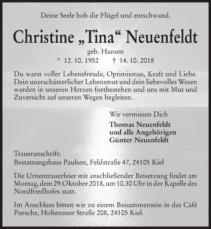  Traueranzeige für Christine Neuenfeldt vom 27.10.2018 aus Kieler Nachrichten