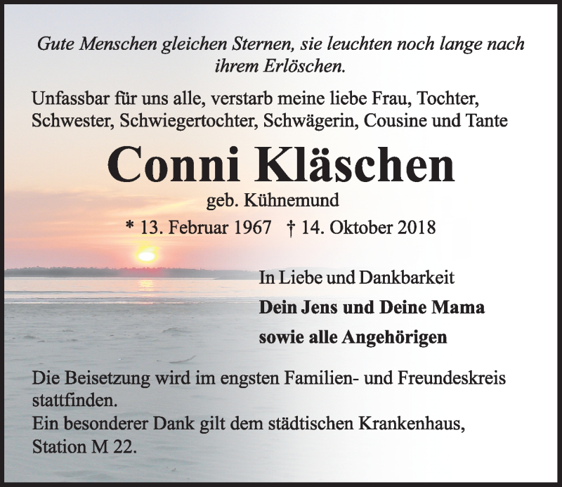  Traueranzeige für Conni Kläschen vom 20.10.2018 aus Kieler Nachrichten