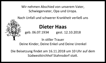 Traueranzeige von Dieter Haas von Märkischen Allgemeine Zeitung