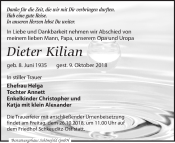 Traueranzeige von Dieter Kilian von Leipziger Volkszeitung