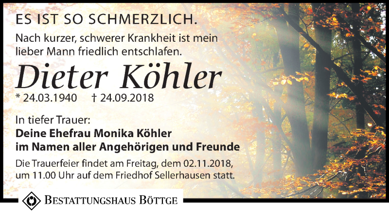  Traueranzeige für Dieter Köhler vom 20.10.2018 aus Leipziger Volkszeitung