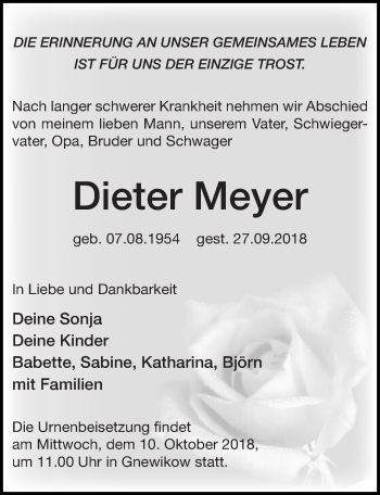 Traueranzeige von Dieter Meyer von Märkischen Allgemeine Zeitung