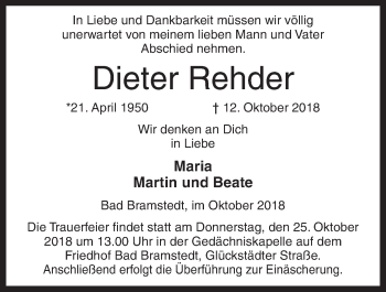 Traueranzeige von Dieter Rehder von Kieler Nachrichten