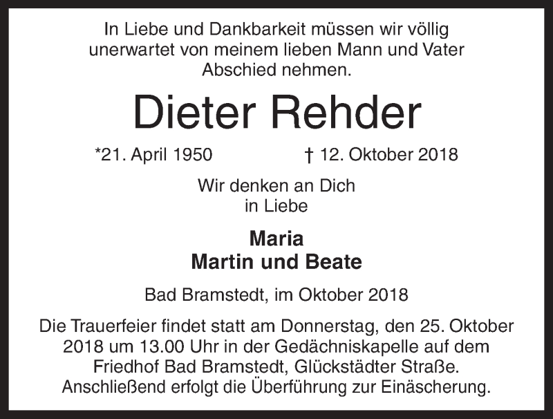  Traueranzeige für Dieter Rehder vom 17.10.2018 aus Kieler Nachrichten