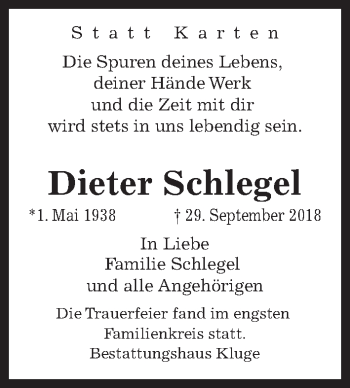 Traueranzeige von Dieter Schlegel von Hannoversche Allgemeine Zeitung/Neue Presse