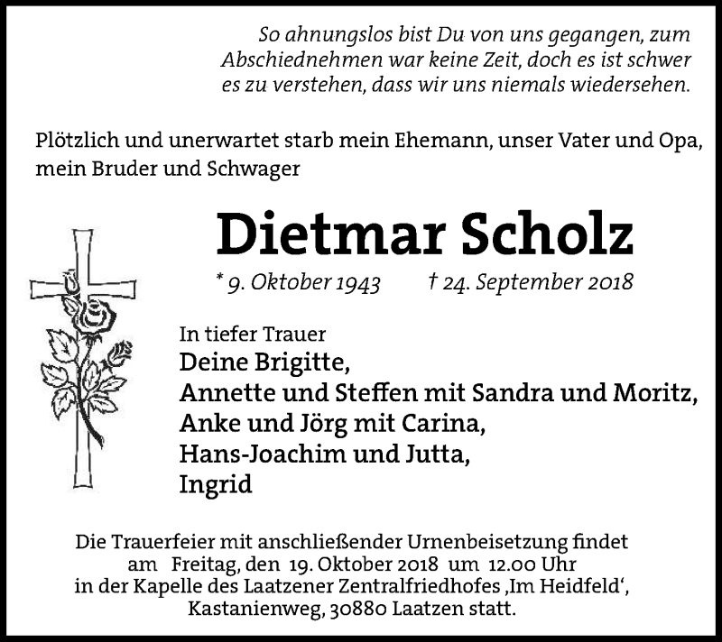  Traueranzeige für Dietmar Scholz vom 13.10.2018 aus Hannoversche Allgemeine Zeitung/Neue Presse