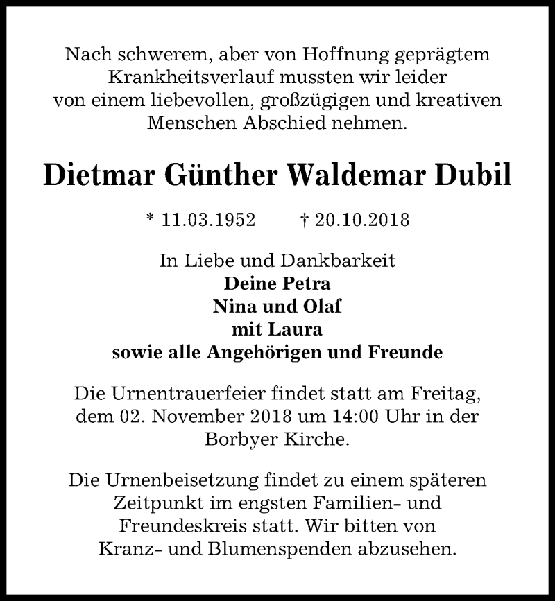  Traueranzeige für Dietmar Günther Waldemar Dubil vom 27.10.2018 aus Kieler Nachrichten