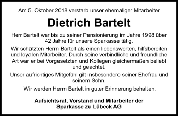 Traueranzeige von Dietrich Bartelt von Lübecker Nachrichten