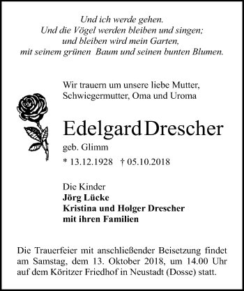 Traueranzeige von Edelgard Drescher von Märkischen Allgemeine Zeitung