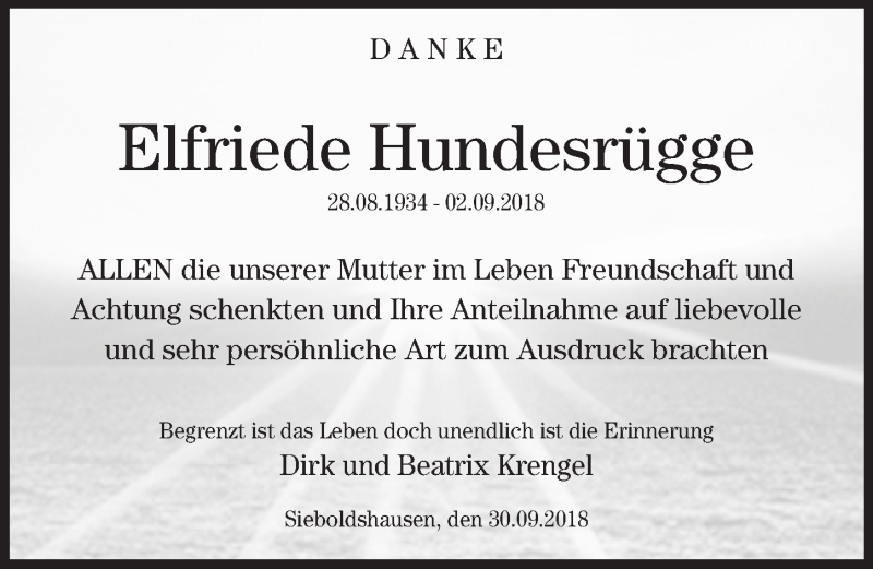  Traueranzeige für Elfriede Hundesrügge vom 02.10.2018 aus Göttinger Tageblatt