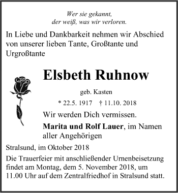 Traueranzeige von Elsbeth Ruhnow von Ostsee-Zeitung GmbH