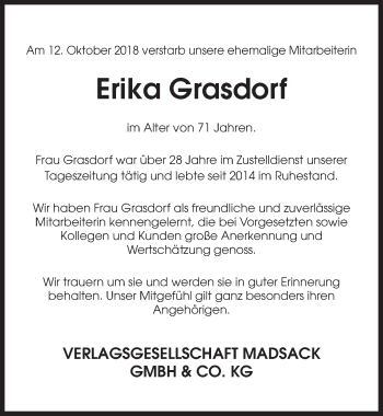 Traueranzeige von Erika Grasdorf von Hannoversche Allgemeine Zeitung/Neue Presse