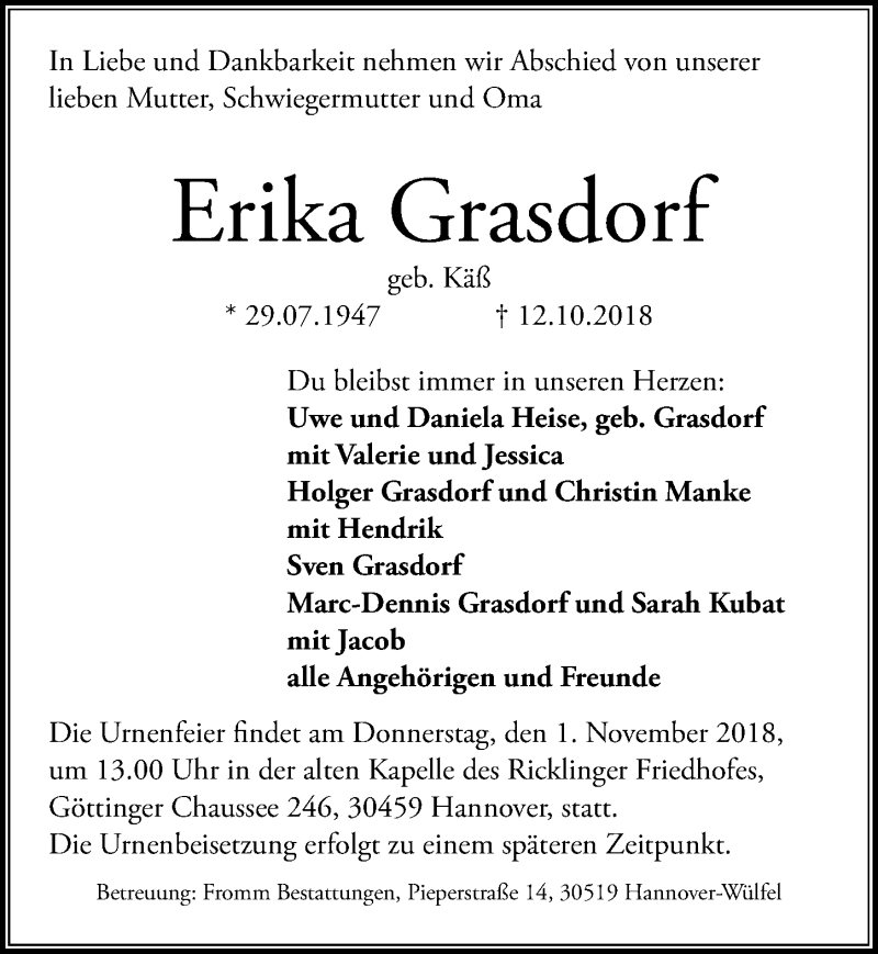  Traueranzeige für Erika Grasdorf vom 27.10.2018 aus Hannoversche Allgemeine Zeitung/Neue Presse