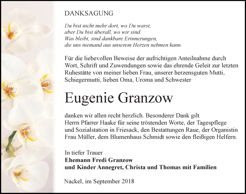  Traueranzeige für Eugenie Granzow vom 29.09.2018 aus Märkischen Allgemeine Zeitung