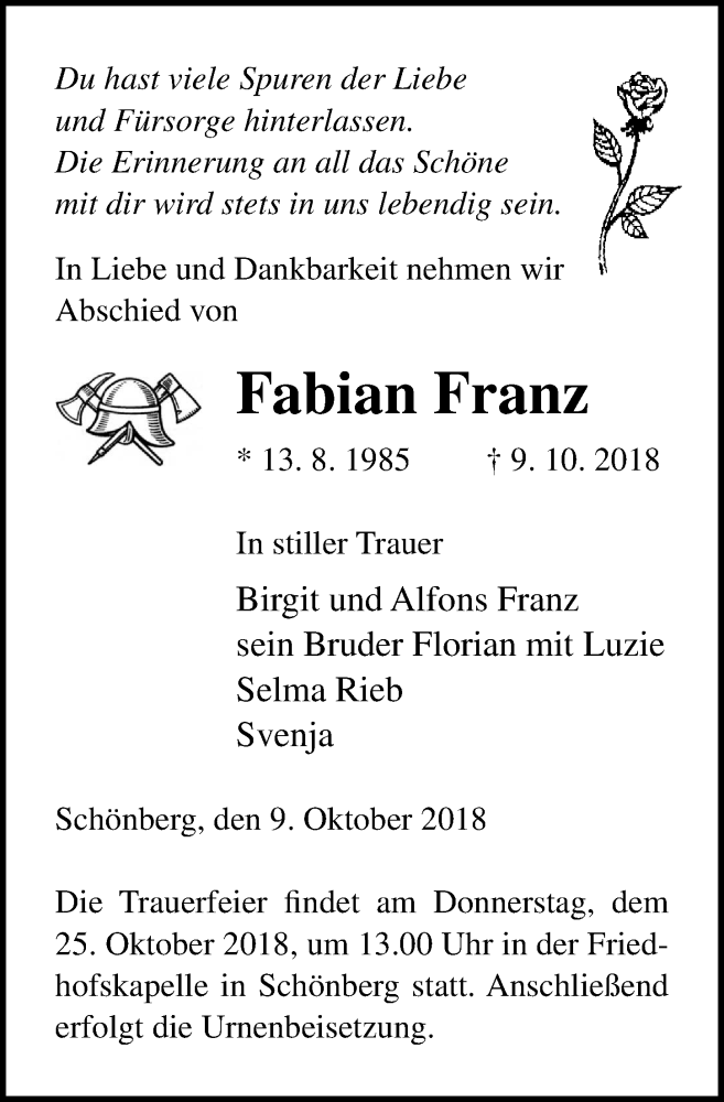  Traueranzeige für Fabian Franz vom 23.10.2018 aus Ostsee-Zeitung GmbH