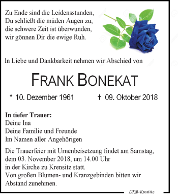 Traueranzeige von Frank Bonekat von Leipziger Volkszeitung