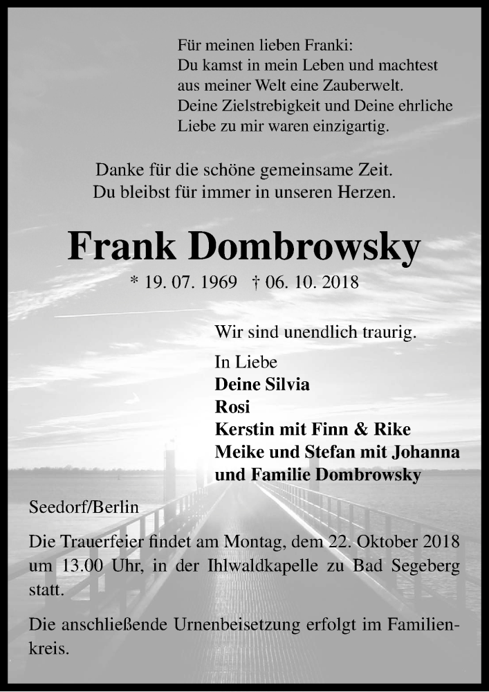  Traueranzeige für Frank Dombrowsky vom 13.10.2018 aus Ostsee-Zeitung GmbH