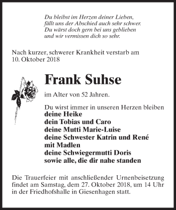 Traueranzeige von Frank Suhse von Märkischen Allgemeine Zeitung