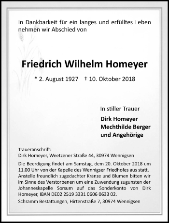 Traueranzeige von Friedrich Wilhelm Homeyer von Hannoversche Allgemeine Zeitung/Neue Presse