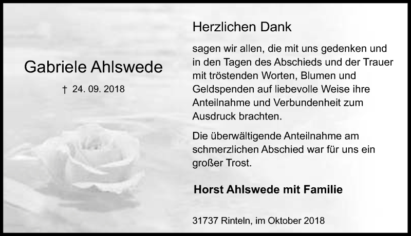  Traueranzeige für Gabriele Ahlswede vom 20.10.2018 aus Schaumburger Nachrichten