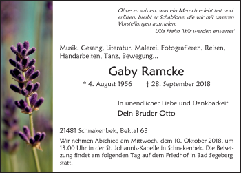 Traueranzeige von Gaby Ramcke von Lübecker Nachrichten