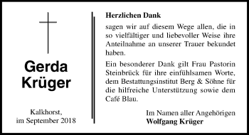 Traueranzeige von Gerda Krüger von Ostsee-Zeitung GmbH