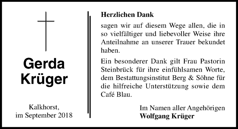  Traueranzeige für Gerda Krüger vom 02.10.2018 aus Ostsee-Zeitung GmbH