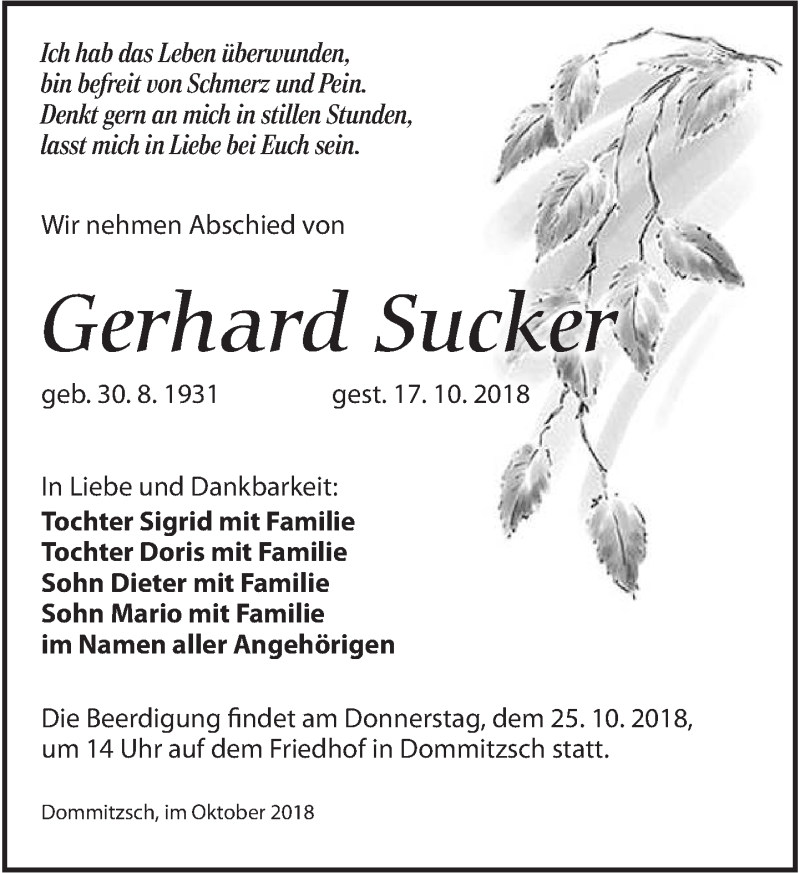  Traueranzeige für Gerhard Sucker vom 20.10.2018 aus Torgauer Zeitung