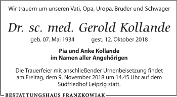 Traueranzeige von Gerold Kollande von Leipziger Volkszeitung