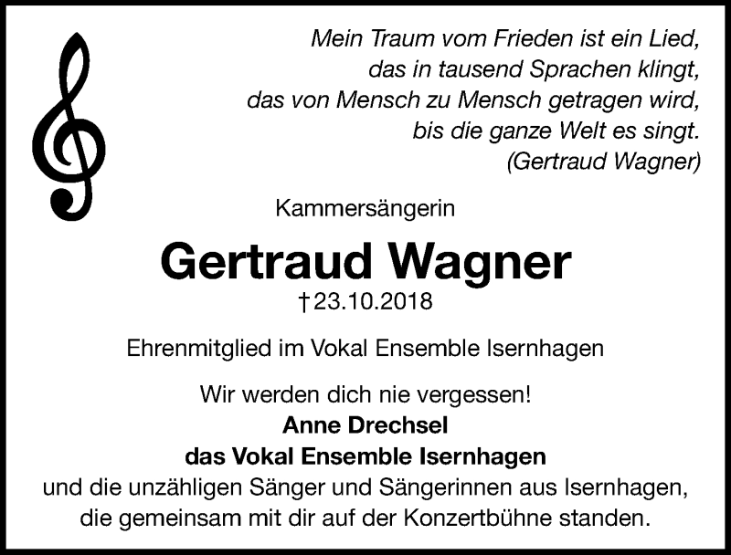  Traueranzeige für Gertraud Wagner vom 27.10.2018 aus Hannoversche Allgemeine Zeitung/Neue Presse
