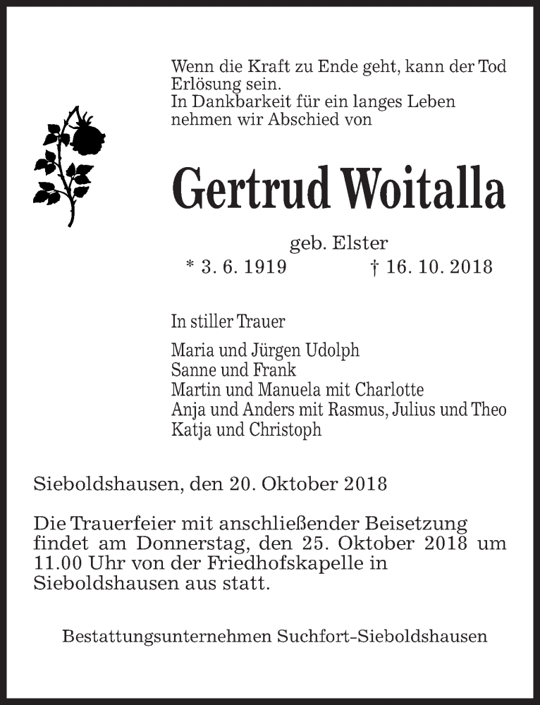  Traueranzeige für Gertrud Woitalla vom 20.10.2018 aus Göttinger Tageblatt