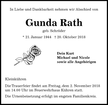 Traueranzeige von Gunda Rath von Kieler Nachrichten