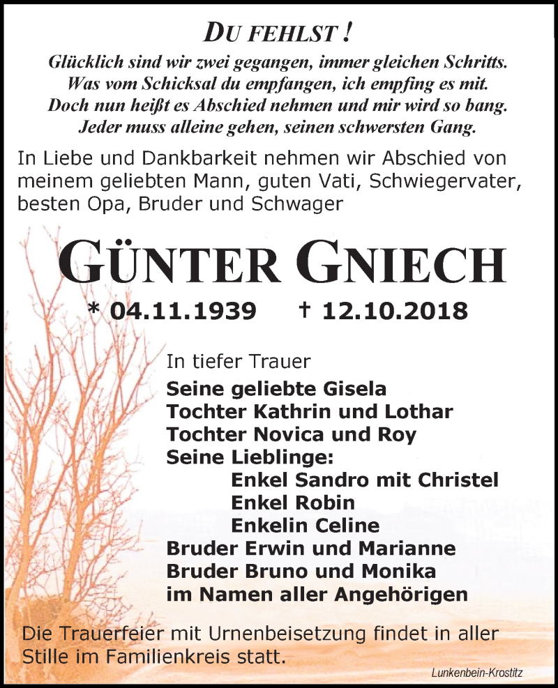 Traueranzeige für Günter Gniech vom 20.10.2018 aus Leipziger Volkszeitung