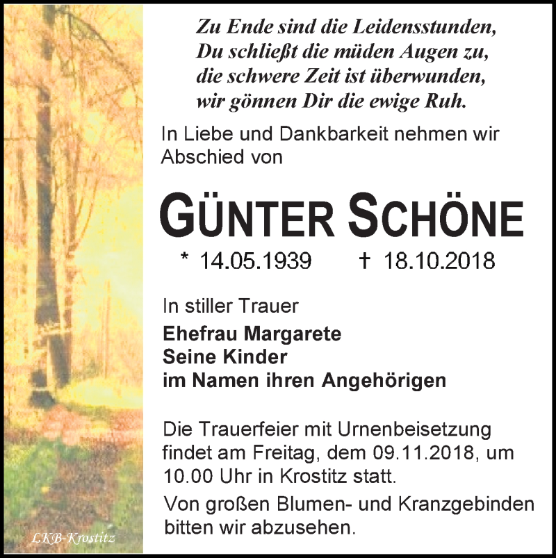  Traueranzeige für Günter Schöne vom 27.10.2018 aus Leipziger Volkszeitung