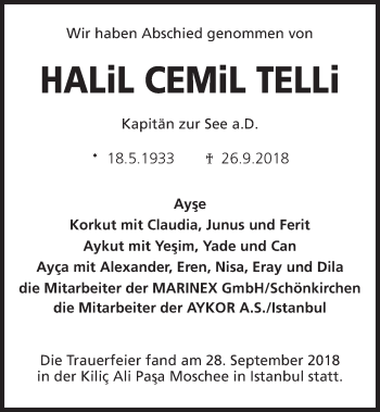 Traueranzeige von Halil Cemil Telli von Kieler Nachrichten