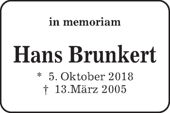 Traueranzeige von Hans Brunkert von Kieler Nachrichten