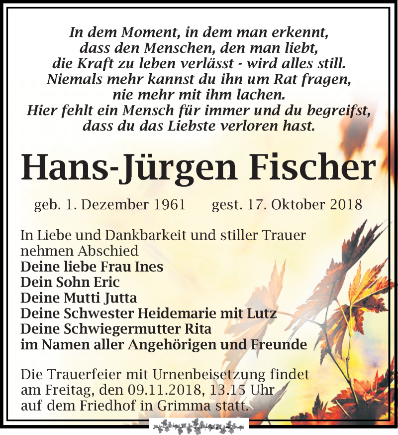  Traueranzeige für Hans-Jürgen Fischer vom 27.10.2018 aus Leipziger Volkszeitung