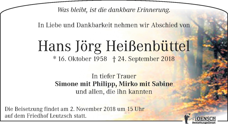  Traueranzeige für Hans Jörg Heißenbüttel vom 20.10.2018 aus Leipziger Volkszeitung