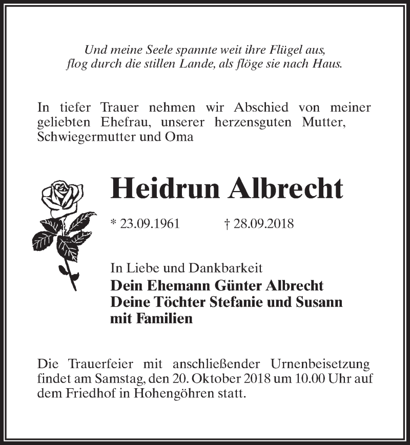  Traueranzeige für Heidrun Albrecht vom 13.10.2018 aus Märkischen Allgemeine Zeitung